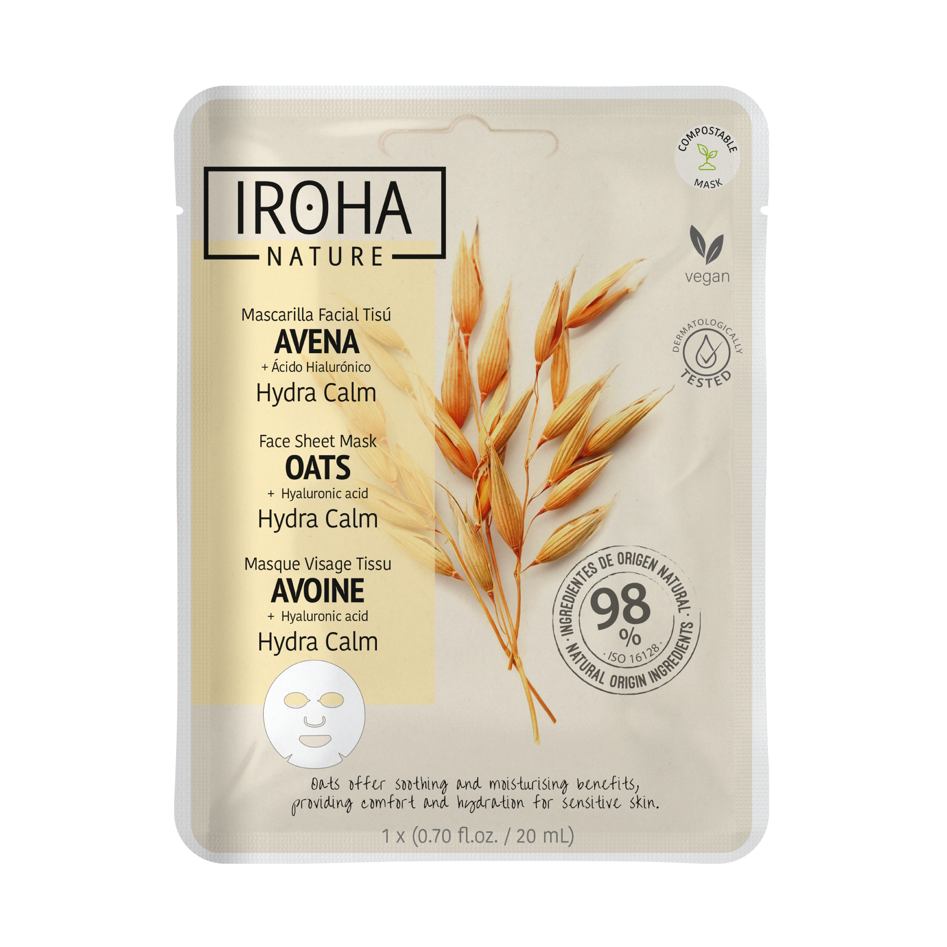 Masque visage tissu hydratant apaisant à l'avoine IROHA