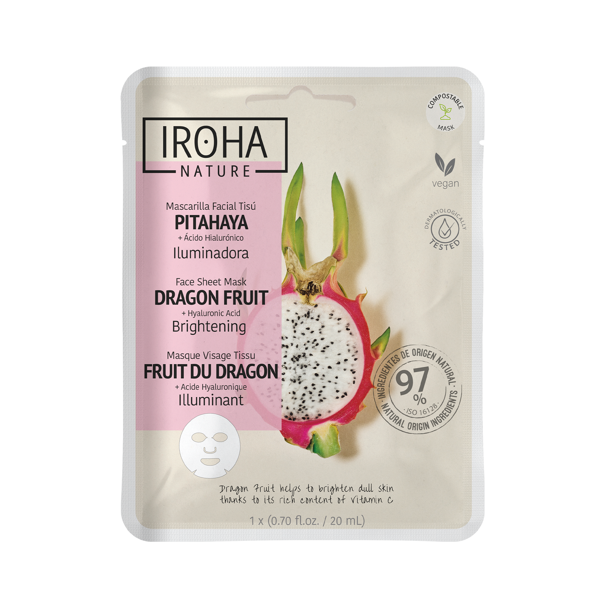 Masque visage tissu illuminateur pitaya IROHA