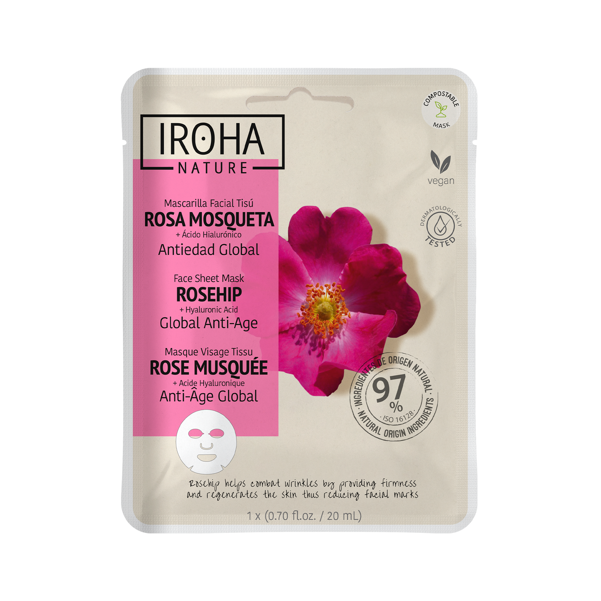 Masque visage tissu anti-rides rose musquée IROHA