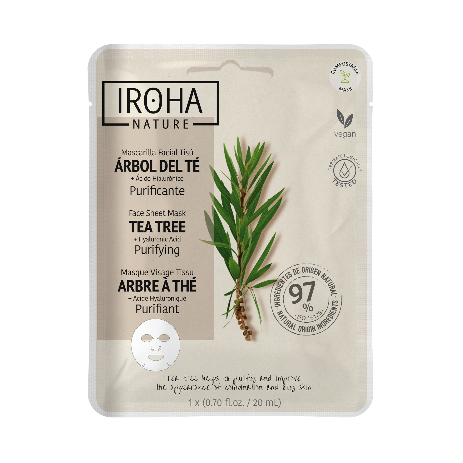 Masque visage tissu purifiant arbre à thé IROHA